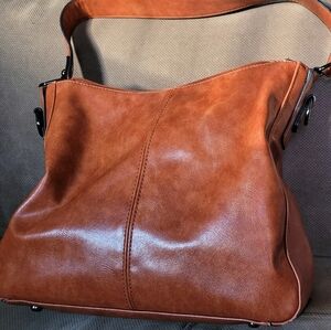 Elegant Cognac Vegan Leather Shoulder Bag/ Cross Body good Condition
